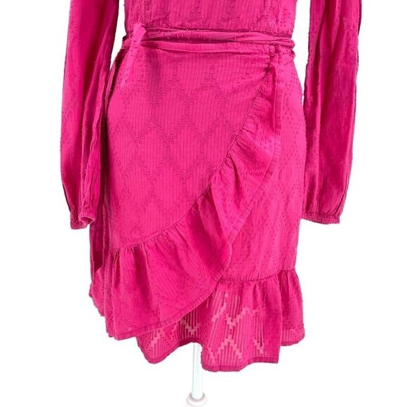 J. CREW Swiss Dot Puff-Sleeve Ruffle Hem Wrap Party Dress Hot Pink size XS - Picture 2 of 6